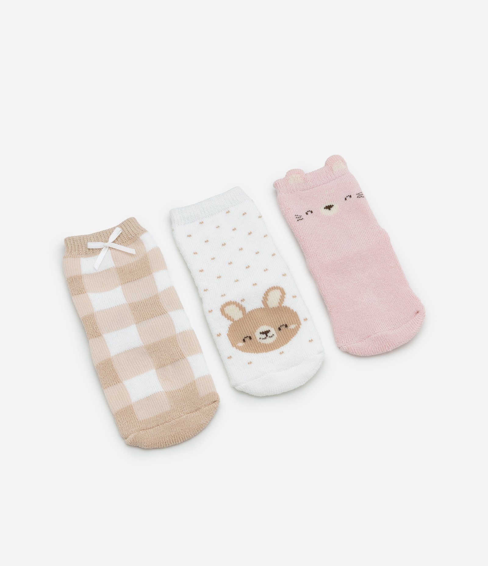 Kit 03 Meias Infantis em Algodão com Estampa de Bichinhos - Tam 0 A 12 Meses Branco/Rosa/Marrom 1