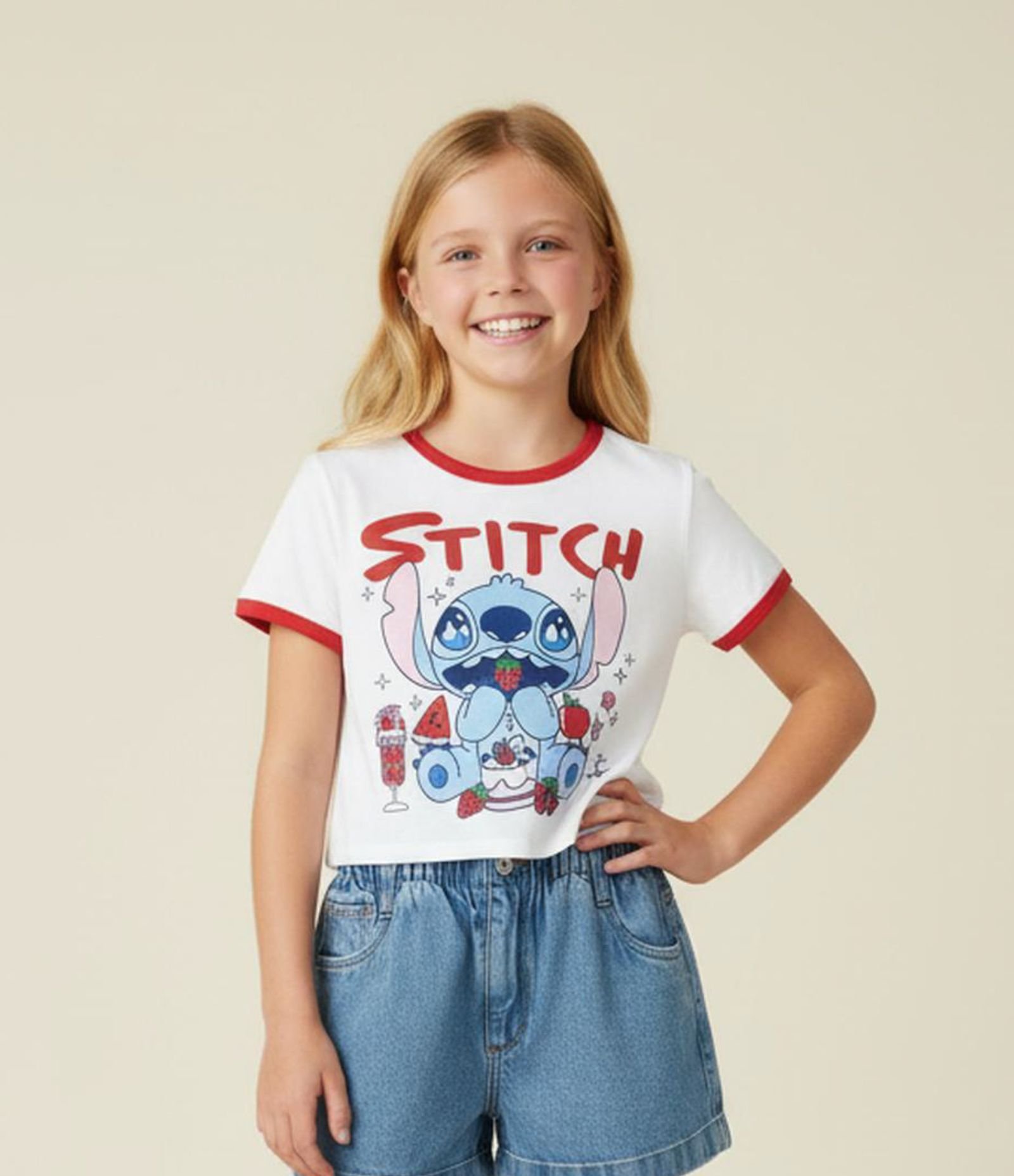 Blusa Infantil com Estampa do Stitch - Tam  5 a 14 Anos Branco 1