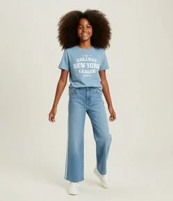 Calça Wide Leg Infantil Jeans com Listras Laterais - Tam 5 a 14 Anos