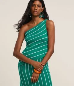 Blusa Ombro Só em Tricô com Listras Diagonais