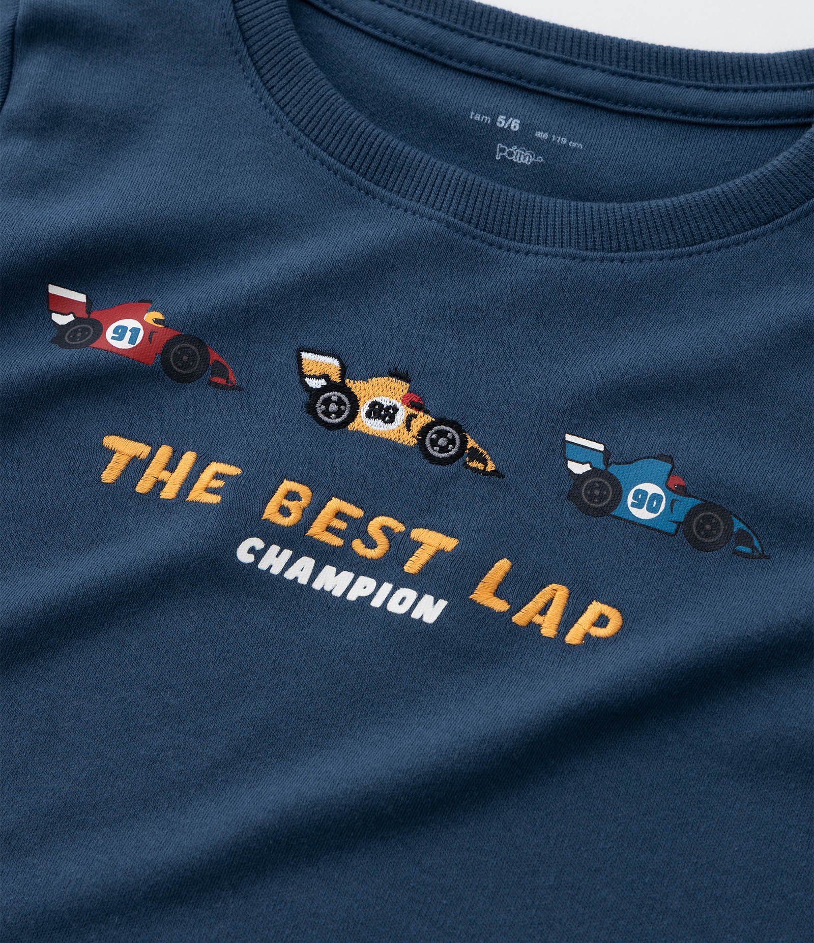 Camiseta Infantil com Bordado Carros de Corrida - Tam 1 a 6 Anos Azul 5