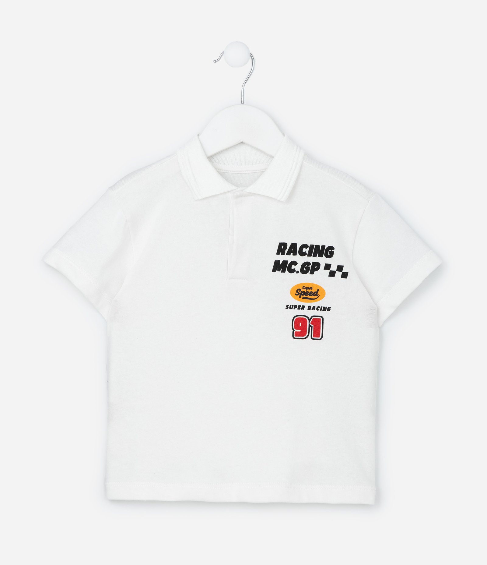 Camisa Infantil Polo com Estampa de Carro Racing - Tam 1 a 5/6 Anos Branco 1