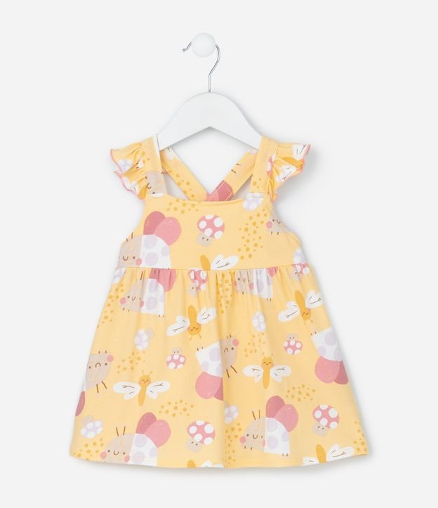 Vestido Infantil com Babados e Estampa Bichinhos - Tam 0 a 18 meses
