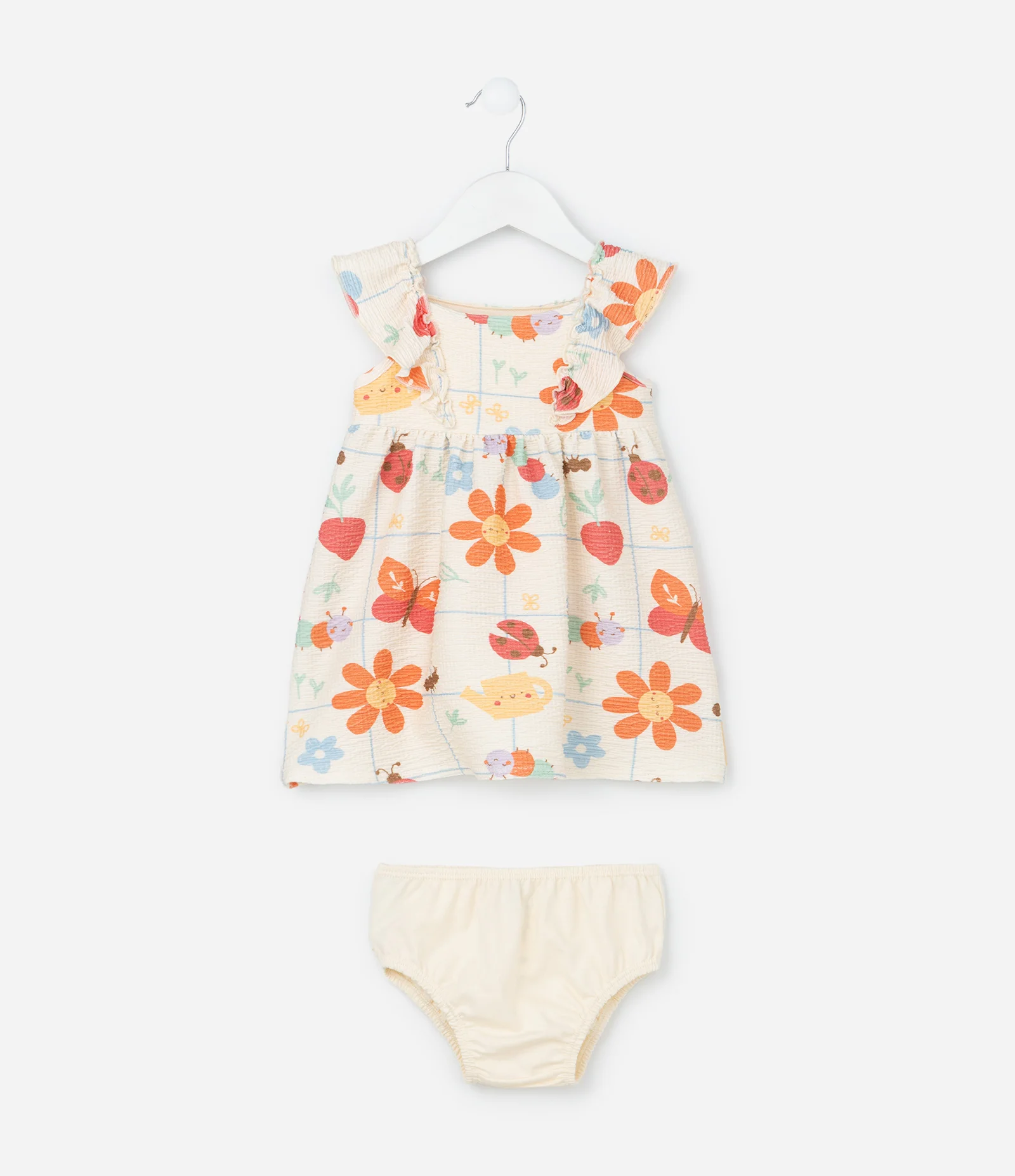 Vestido Infantil Texturizado Estampa Flores e Bichinhos - Tam 0 a 18 meses Bege 2