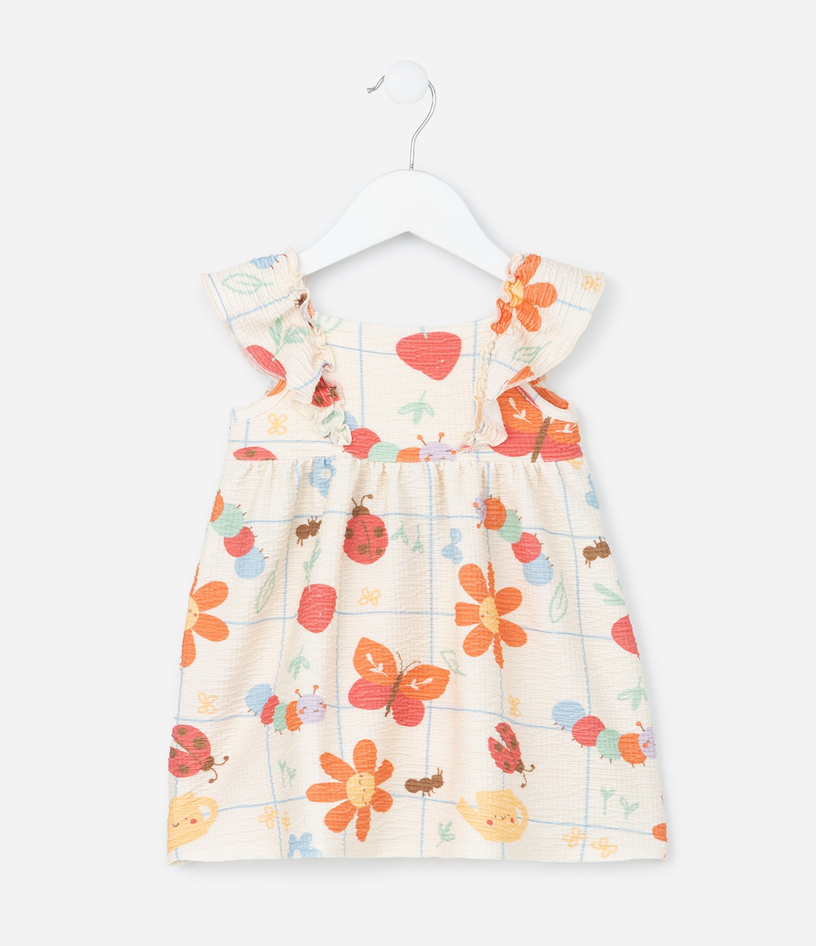 Vestido Infantil Texturizado Estampa Flores e Bichinhos - Tam 0 a 18 meses Bege 3