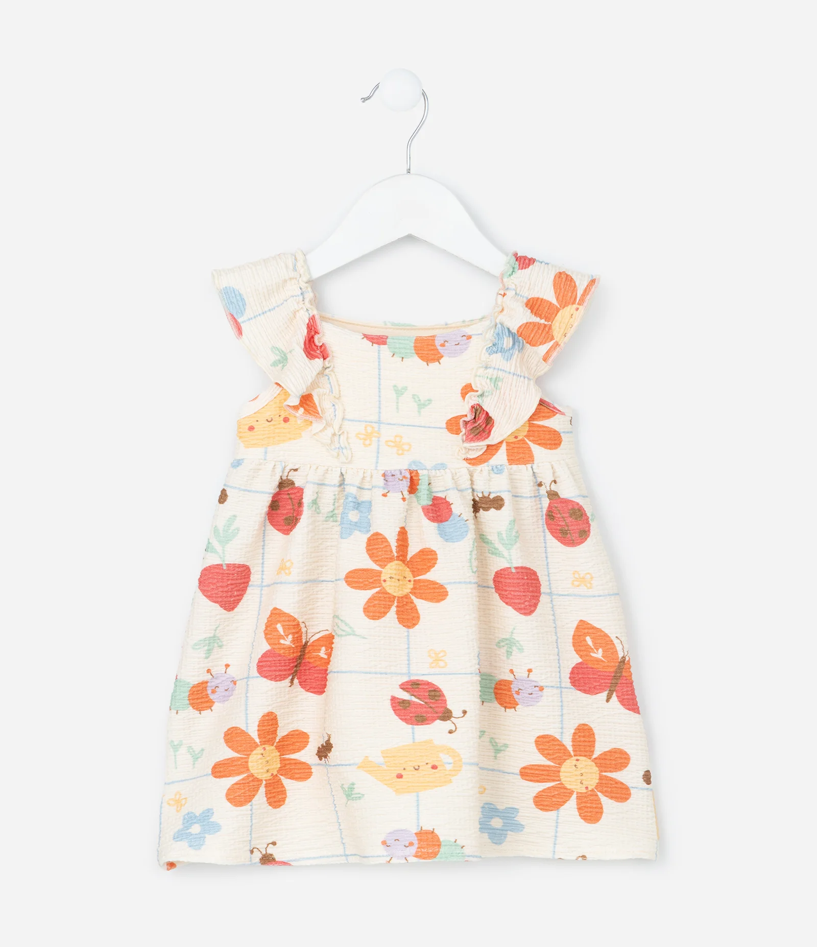 Vestido Infantil Texturizado Estampa Flores e Bichinhos - Tam 0 a 18 meses Bege 4