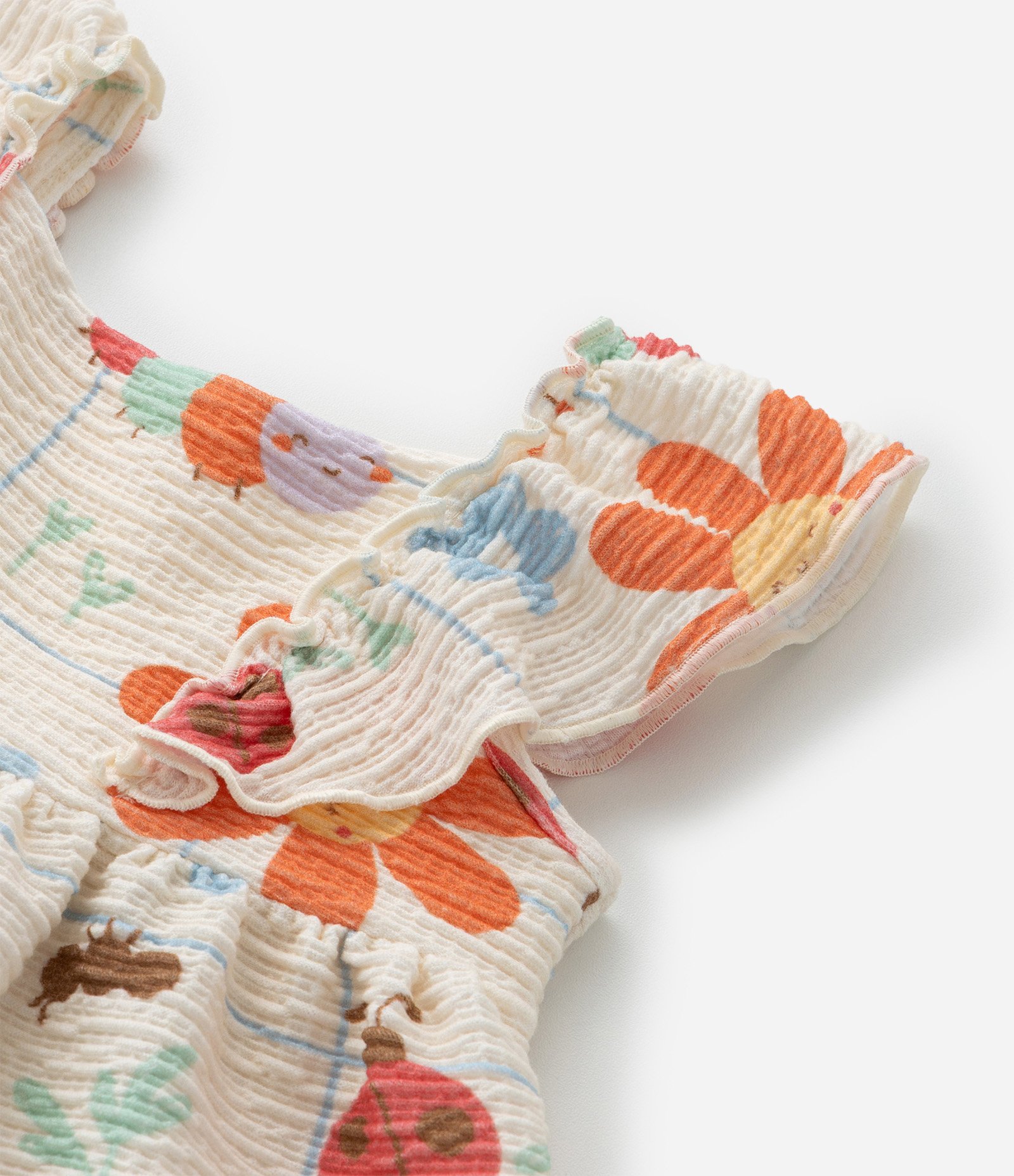 Vestido Infantil Texturizado Estampa Flores e Bichinhos - Tam 0 a 18 meses Bege 6
