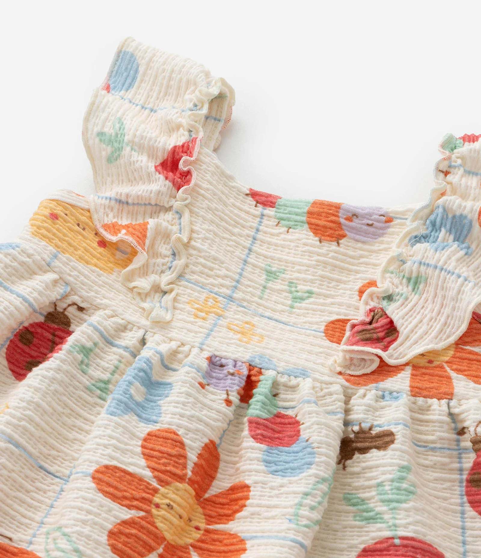 Vestido Infantil Texturizado Estampa Flores e Bichinhos - Tam 0 a 18 meses Bege 8