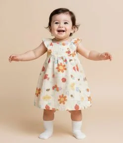 Vestido Infantil Texturizado Estampa Flores e Bichinhos - Tam 0 a 18 meses