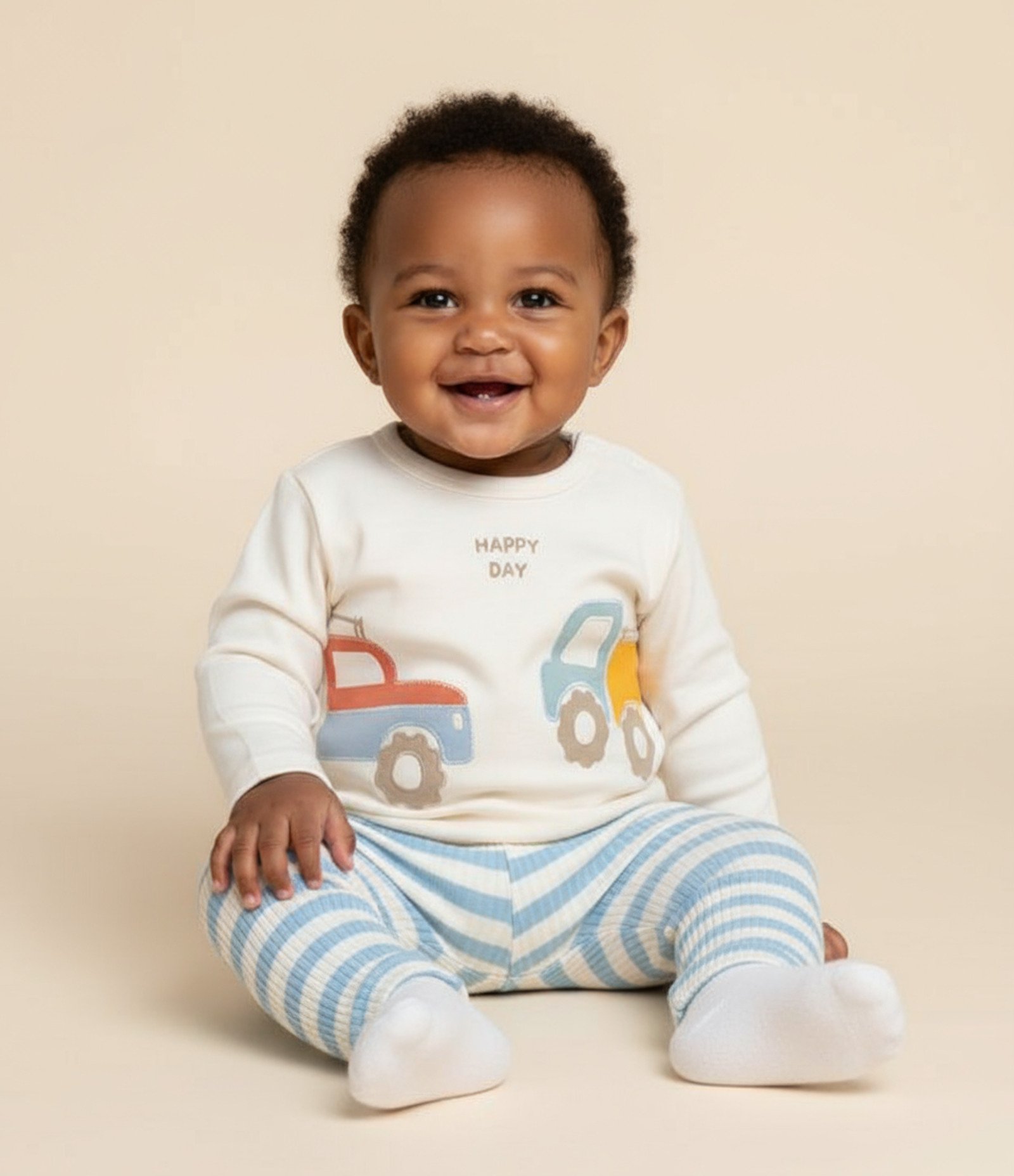 Conjunto Infantil com Estampa Carros Interativos  - Tam 0 a 18 meses Bege/Azul 1