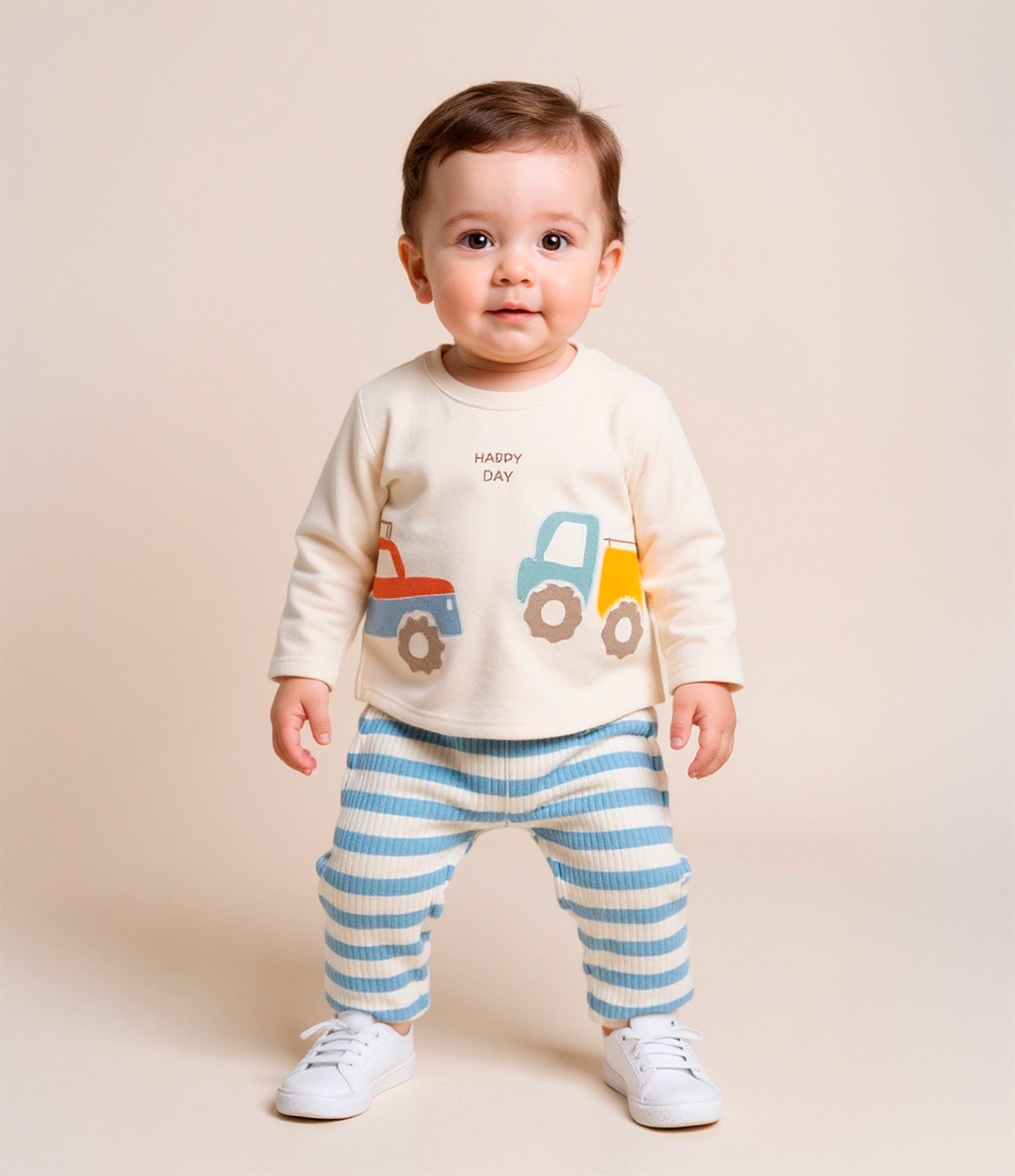 Conjunto Infantil com Estampa Carros Interativos  - Tam 0 a 18 meses Bege/Azul 2