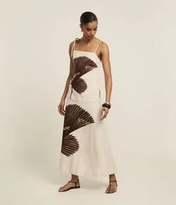 Saia Reta Midi em Viscolinho com Estampa Folhagem