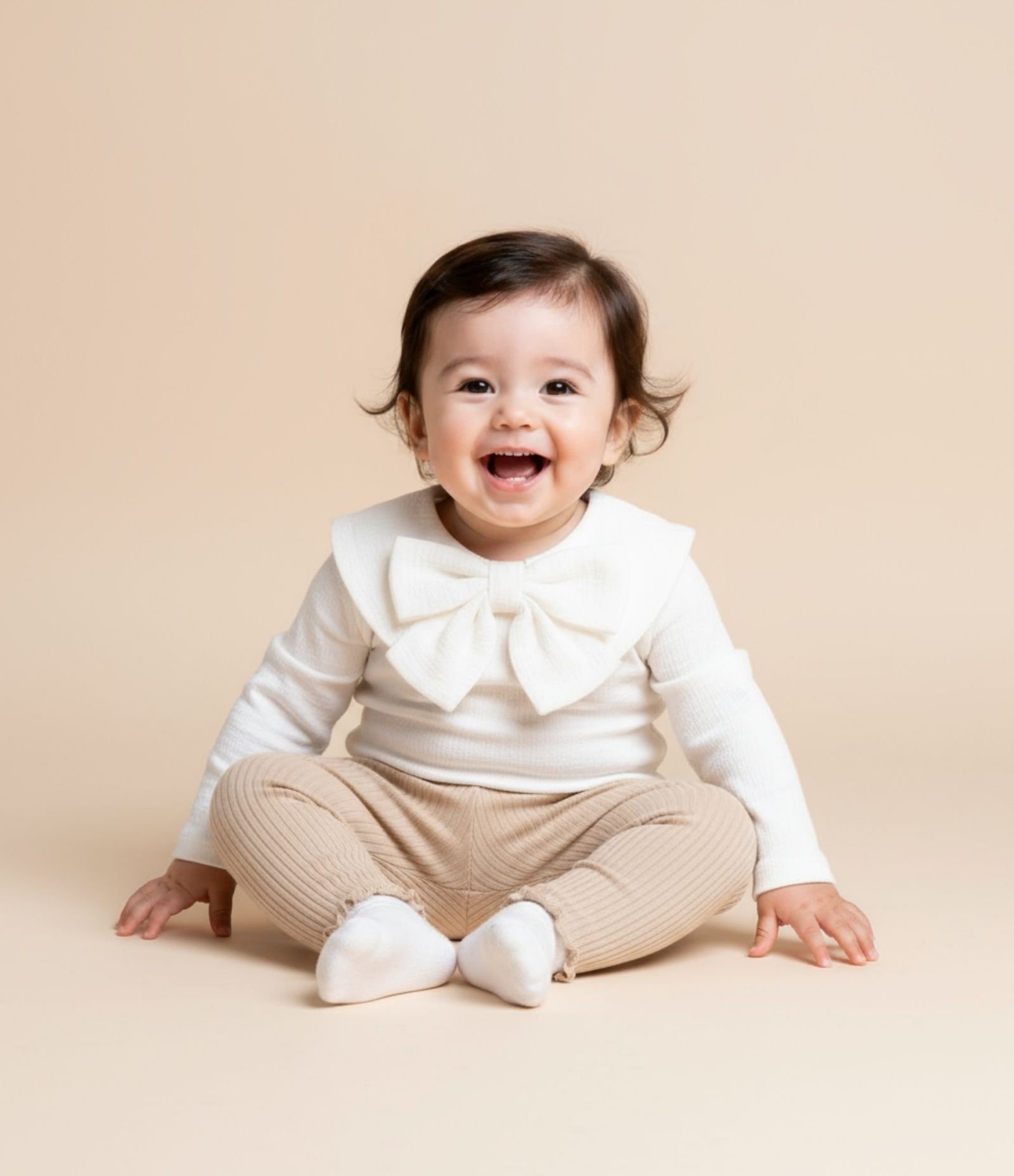 Conjunto Infantil Texturizado com Gola Laço - Tam Meia 0 a 18 meses Branco/Bege 1