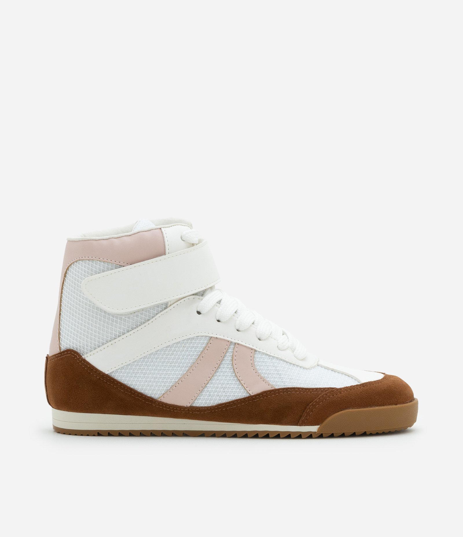 Tênis Esportivo Botinha com Recortes Contrastantes Bege/Marrom/Azul 1