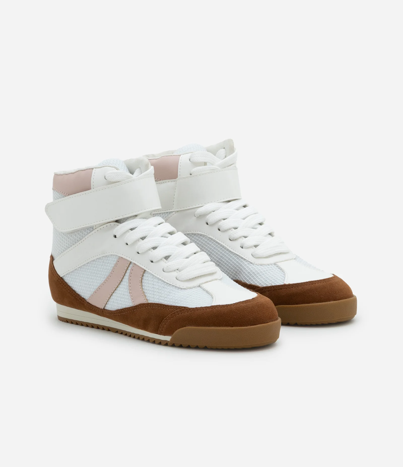 Tênis Esportivo Botinha com Recortes Contrastantes Bege/Marrom/Azul 2