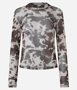 Blusa em Tule Animal Print Vaca com Golinha Alta