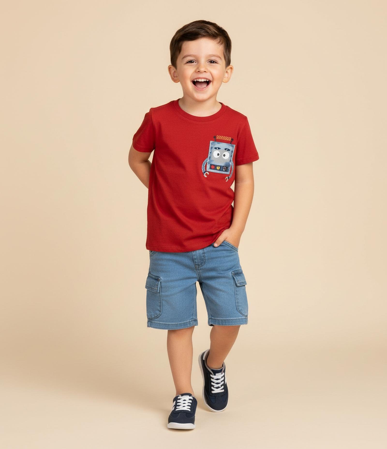 Camiseta Infantil com Bolsinho Estampa Robô - Tam 1 a 6 Anos Vermelho 1
