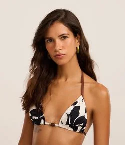Biquíni Top Cortininha com Estampa Floral e Aviamento de Madeira