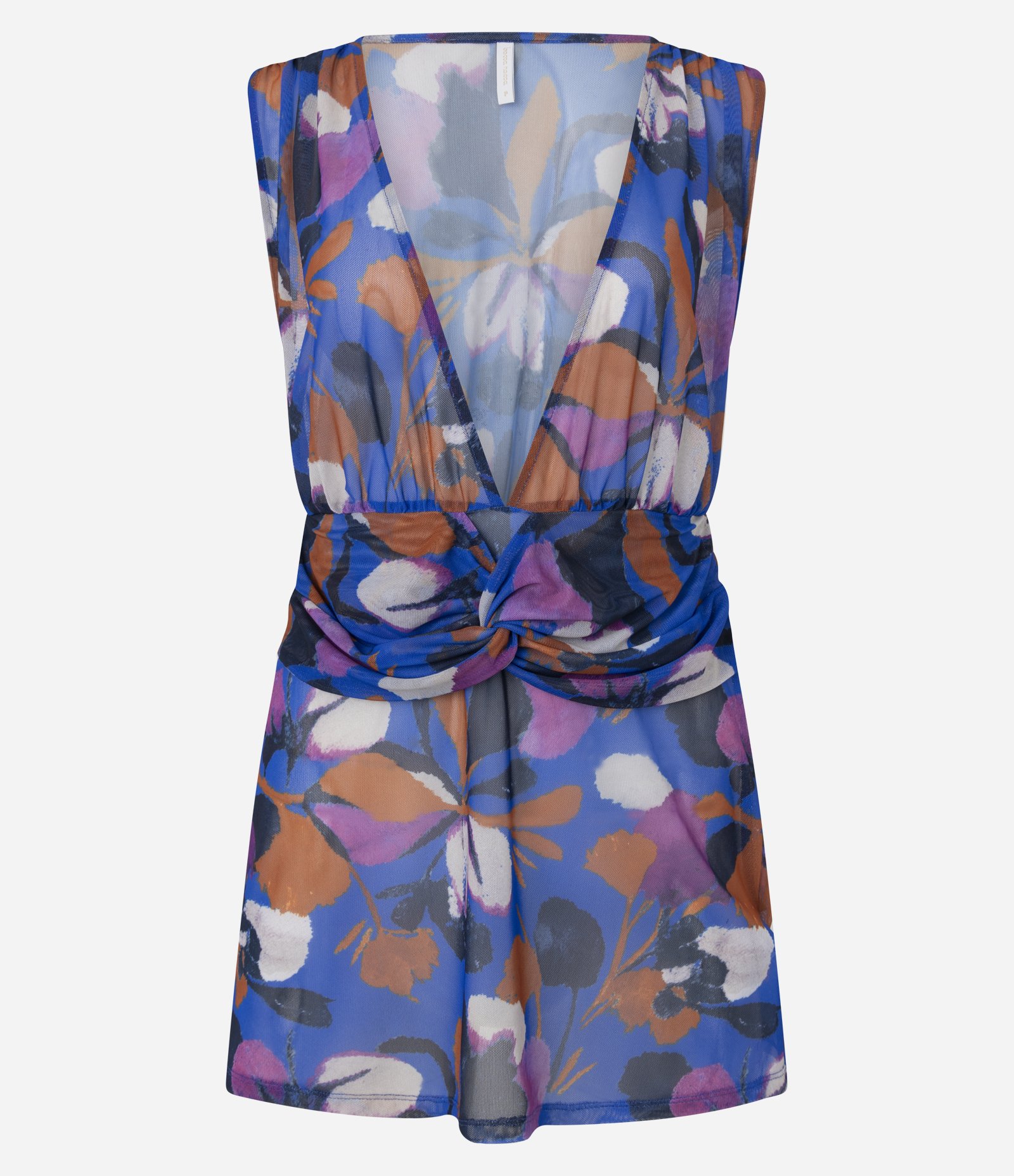 Saída de Praia Vestido Curto em Tule Floral com Torção Frontal Azul 5