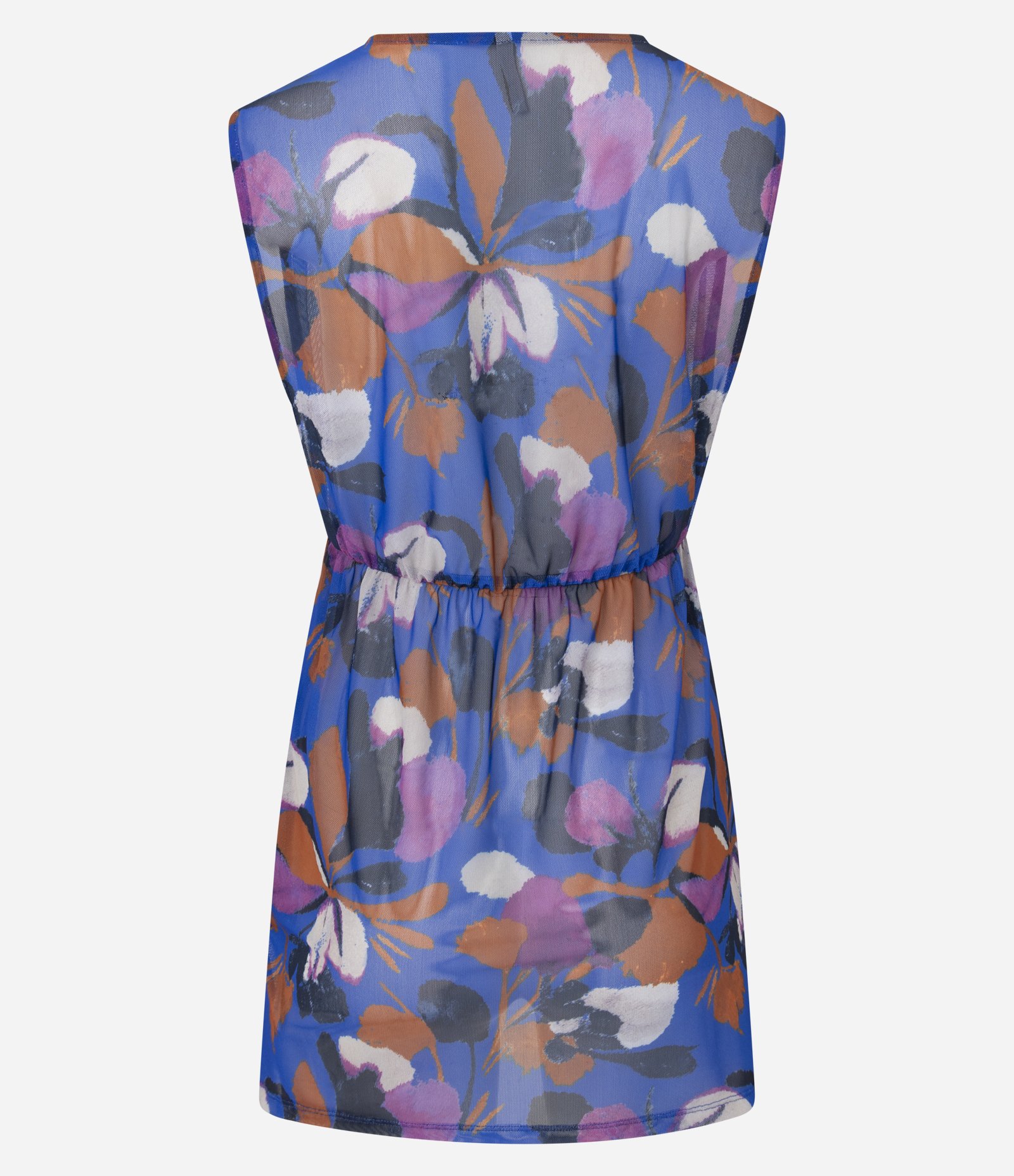 Saída de Praia Vestido Curto em Tule Floral com Torção Frontal Azul 6