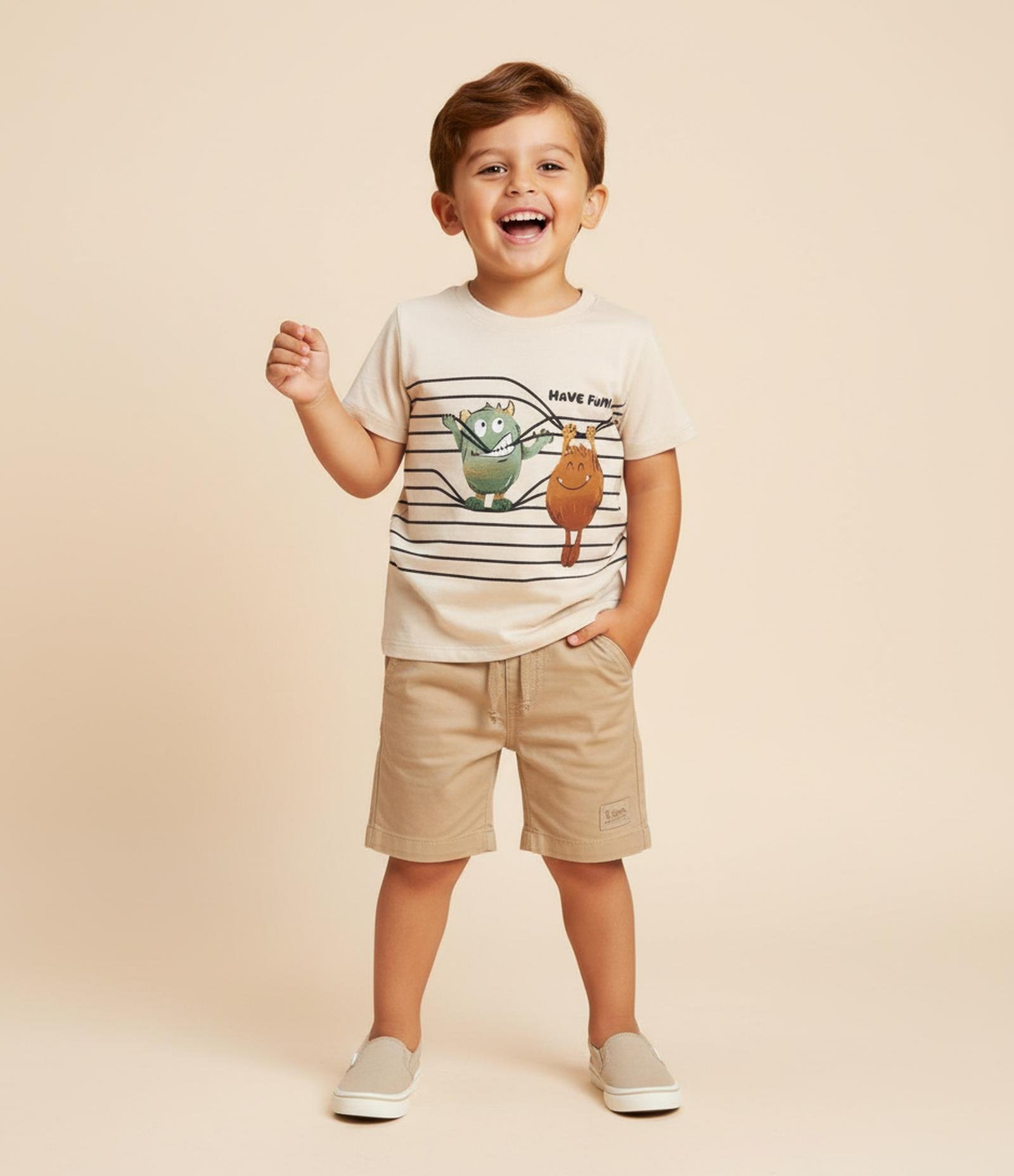 Camiseta Infantil com Estampa Monstrinhos - Tam 1 a 6 Anos Bege 1