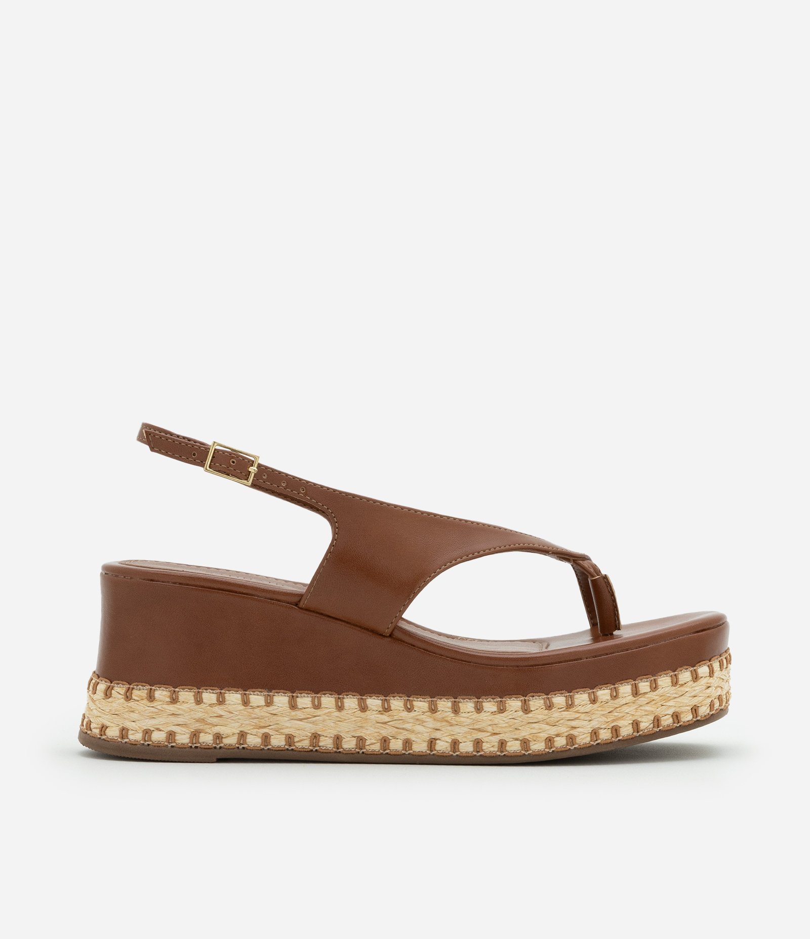 Sandália Anabela com Salto Efeito Ráfia Marrom 1