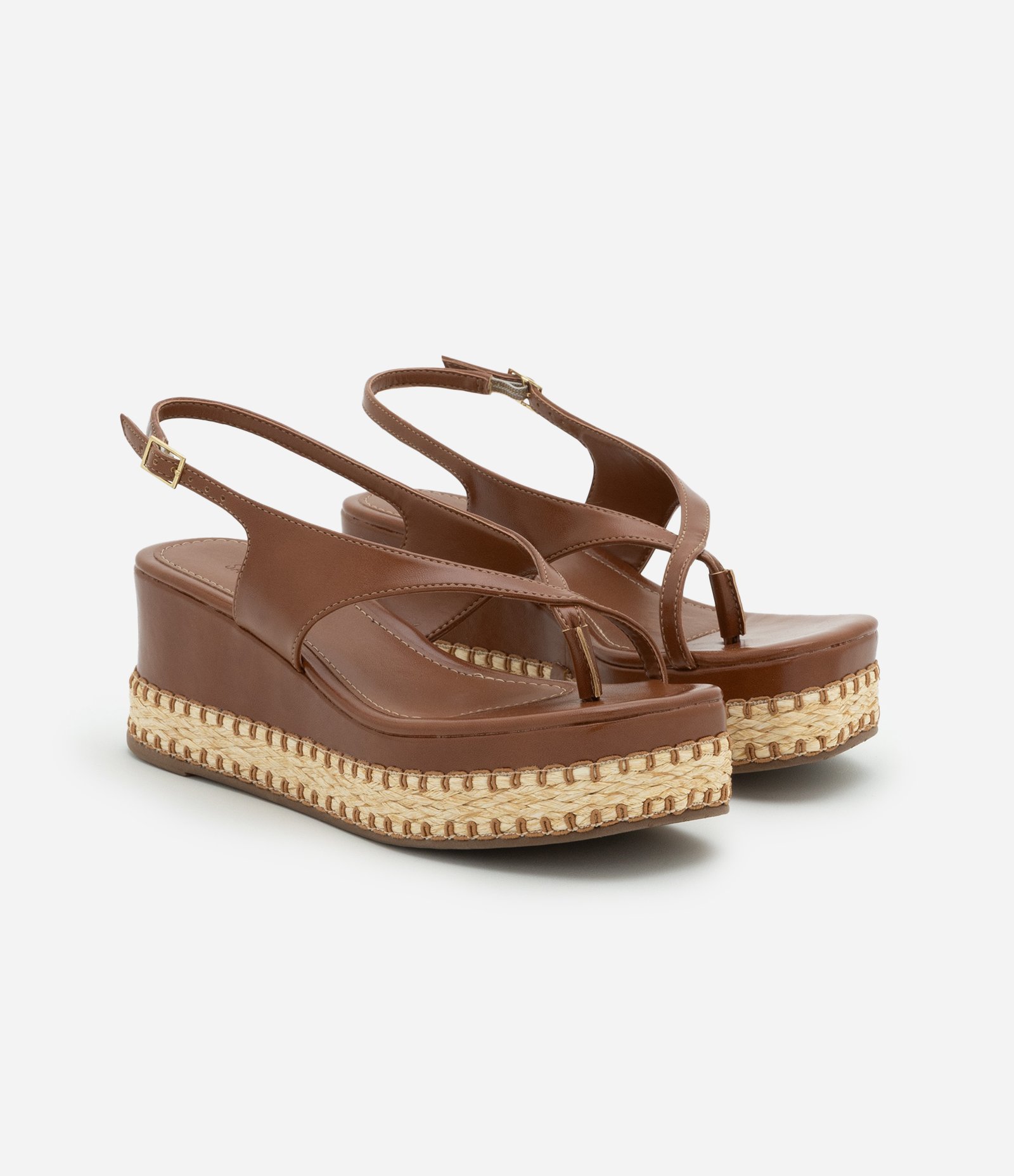 Sandália Anabela com Salto Efeito Ráfia Marrom 2