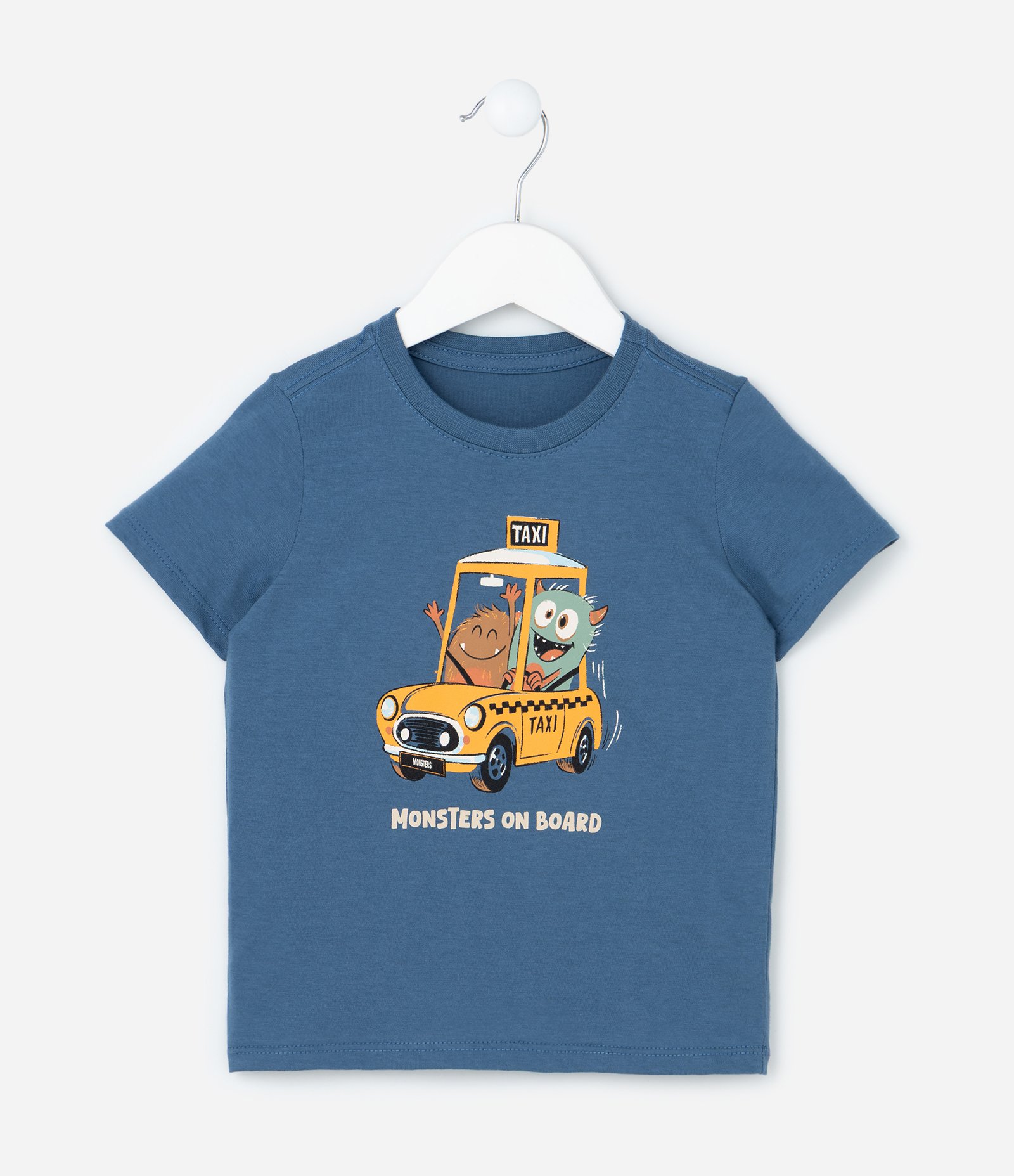 Camiseta Infantil com Estampa Monstrinhos no Táxi - Tam 1 a 6 Anos Azul 1