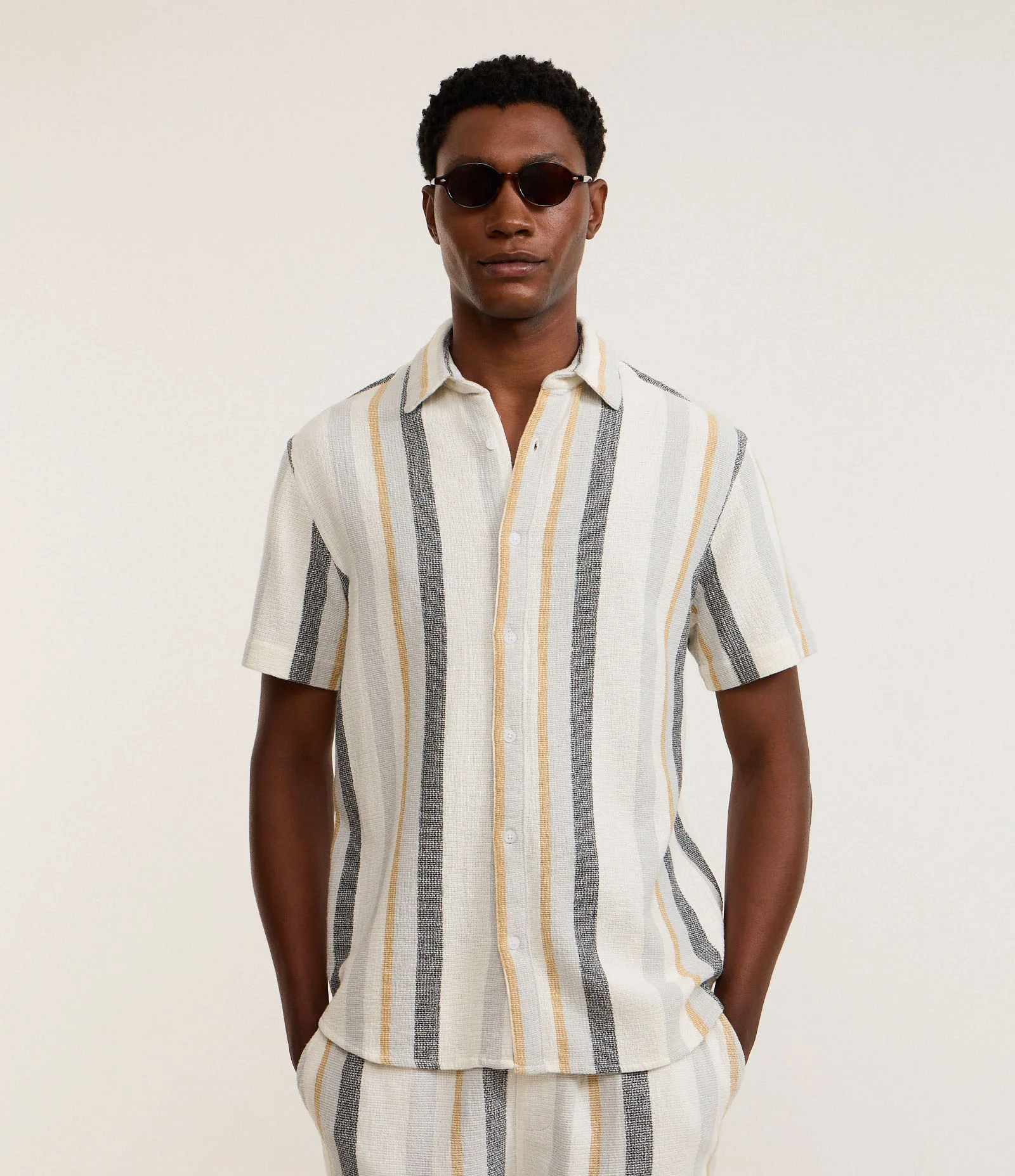 Camisa em Algodão Texturizada com Listras Cinza/Amarelo queimado/Off White/Chumbo 1