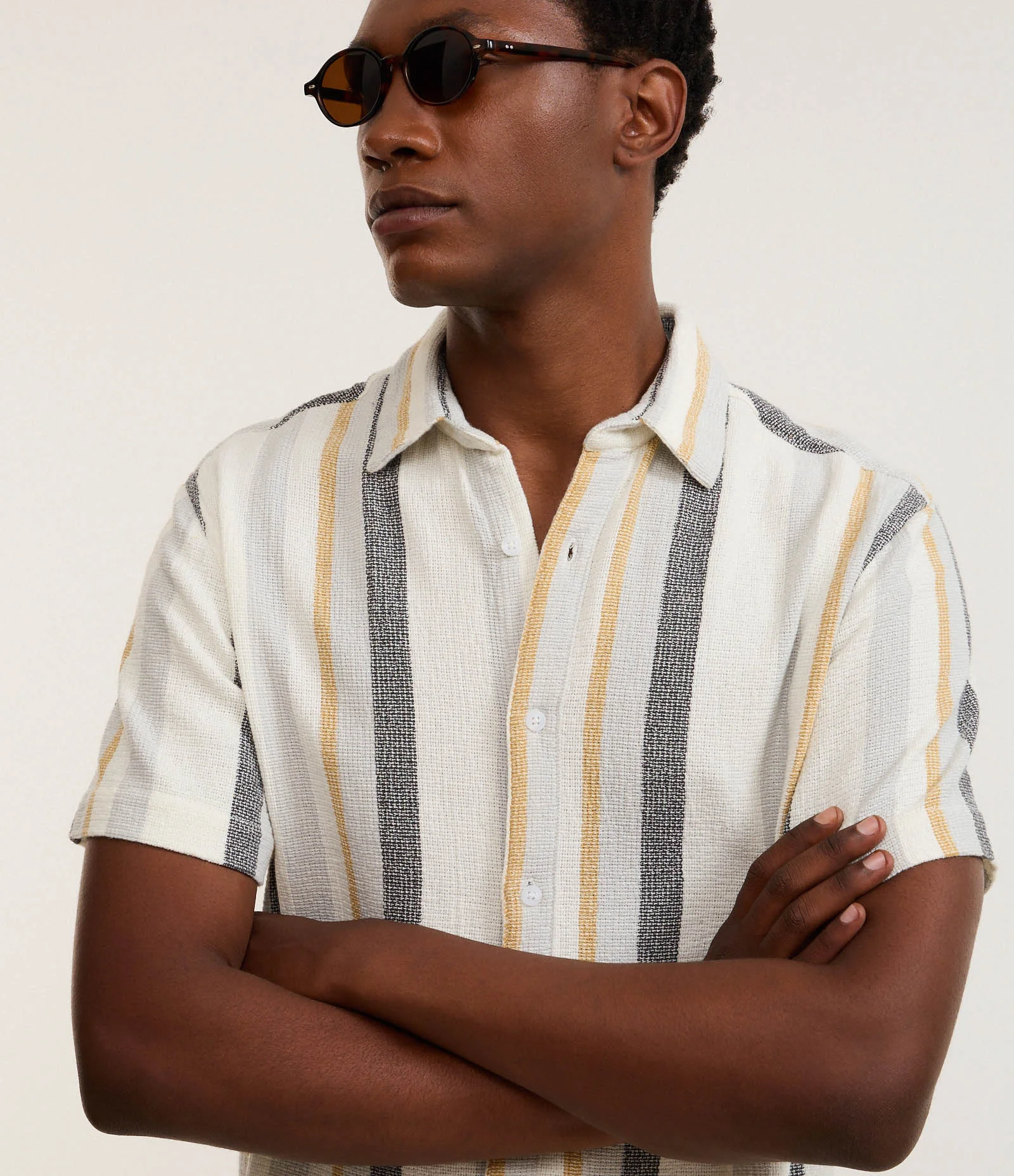 Camisa em Algodão Texturizada com Listras Cinza/Amarelo queimado/Off White/Chumbo 3