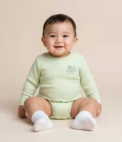 Body Infantil Canelado com Bordado Dinossauro - Tam 0 a 18 meses