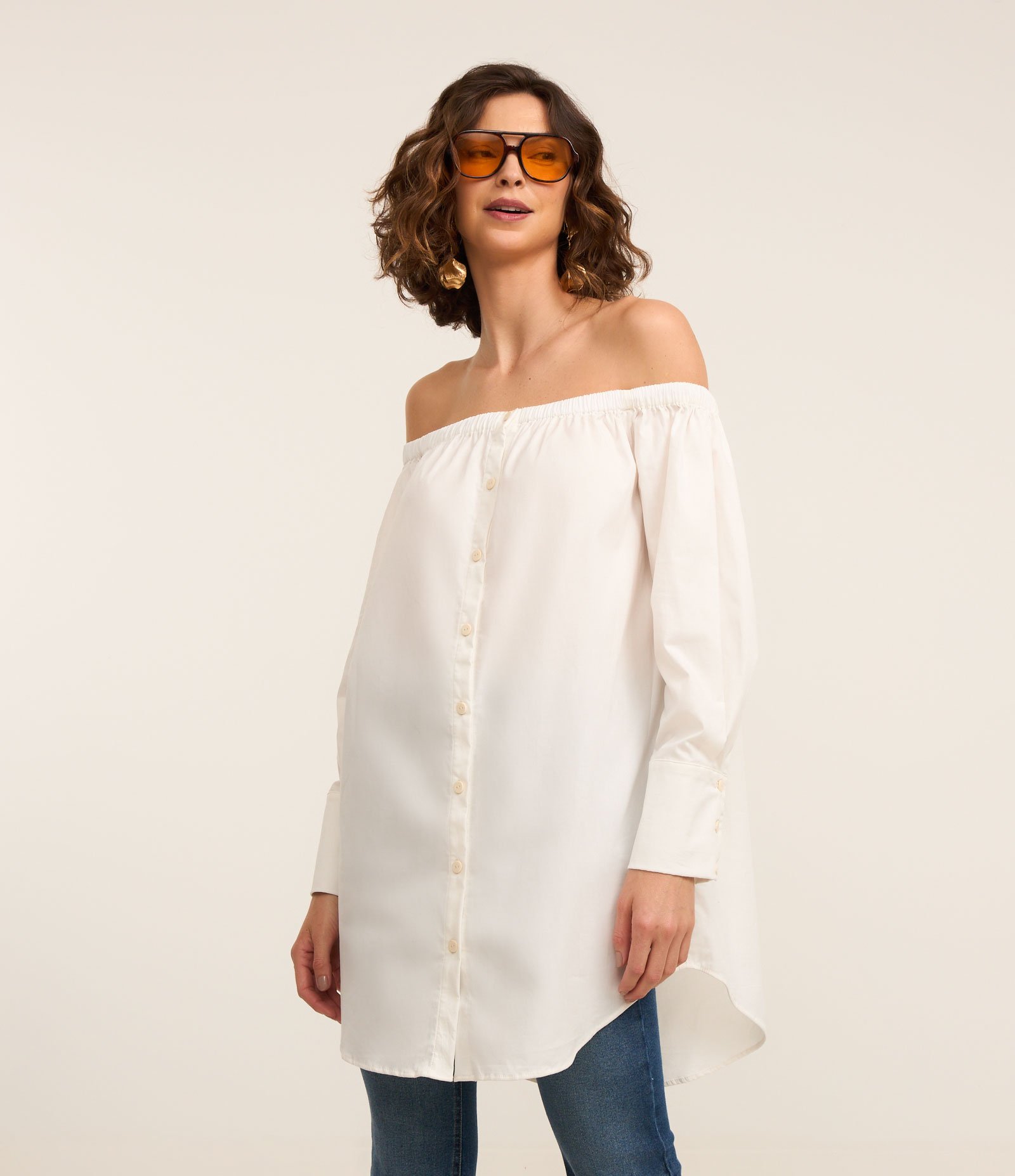 Camisa Oversized em Tricoline com Decote Ombro a Ombro Branco 1