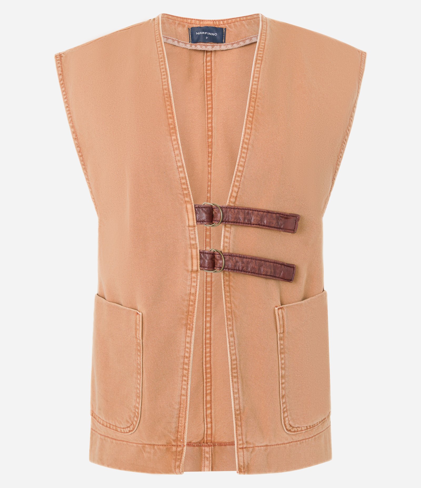 Colete Longo em Sarja com Cintos Frontais e Bolsos Marrom 5