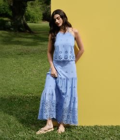 Saia Long Midi Evasê com Furinhos e Babados