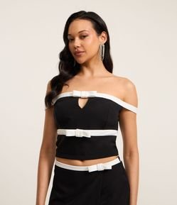 Blusa Alfaiatada Ombro a Ombro com Laços e Tiras Contrastantes