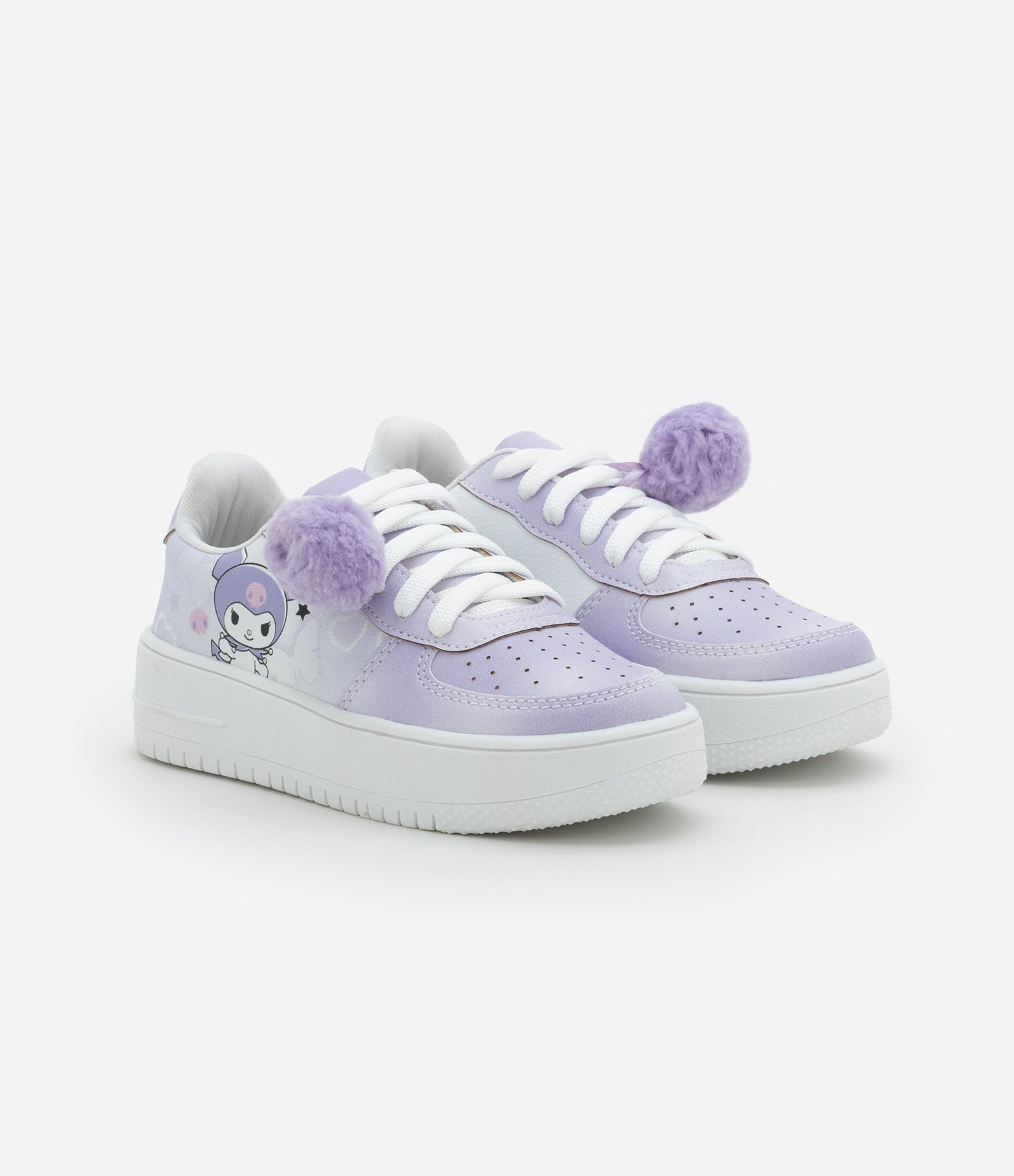 Tênis Infantil com Pompom e Estampa Kuromi - Tam 28 ao 34 Lilás/Branco 1