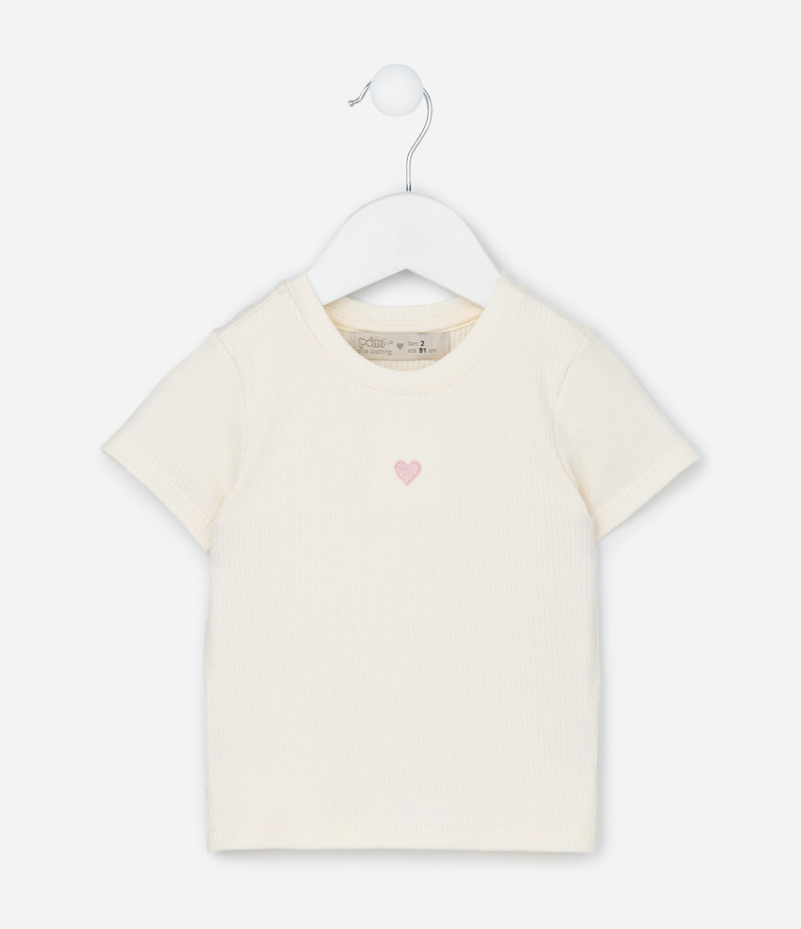 Blusa Infantil Canelada com Bordado Coração - Tam 1 a 6 Anos Off White 1
