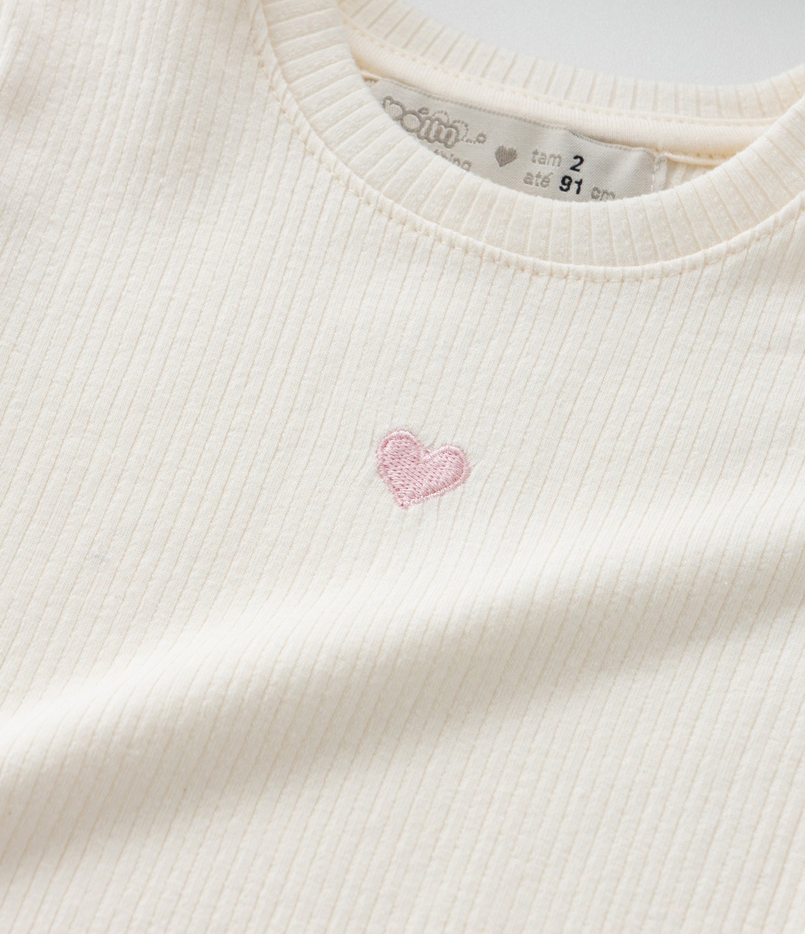 Blusa Infantil Canelada com Bordado Coração - Tam 1 a 6 Anos Off White 4