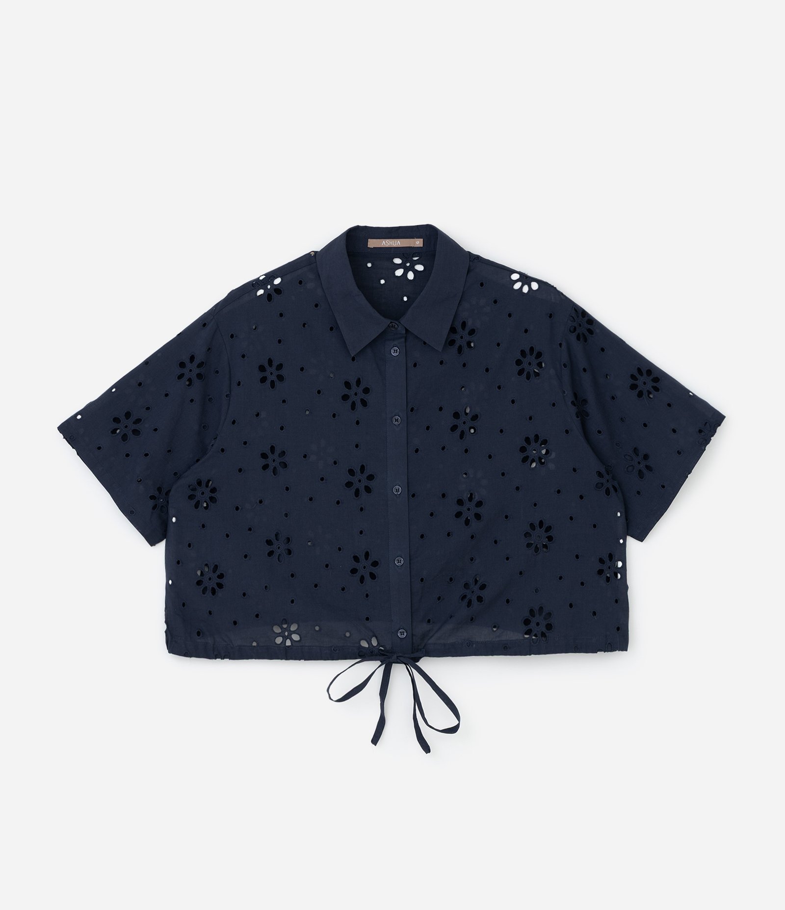 Camisa Cropped em Laise com Amarração na Barra Curve & Plus Size Azul Marinho 4