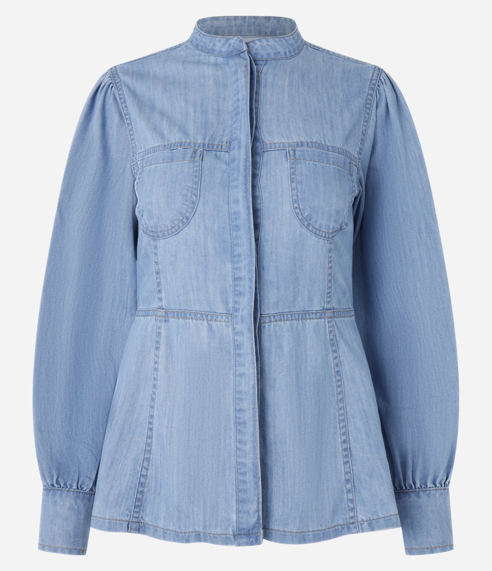 Camisa Jeans Peplum com Bolsinhos e Vista Coberta Azul 5