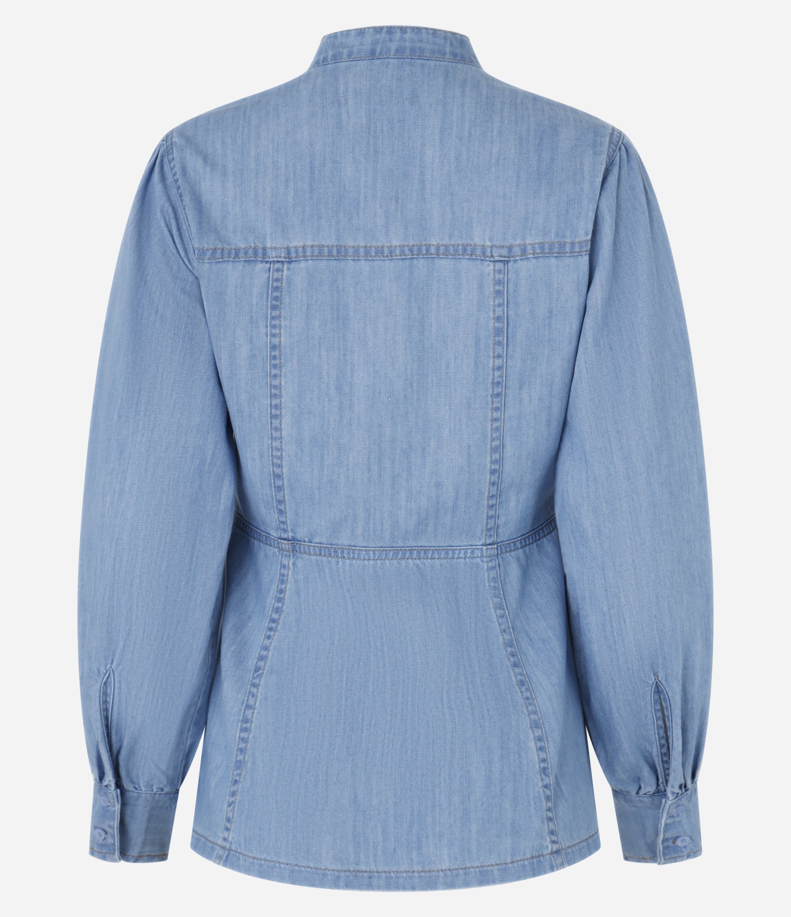 Camisa Jeans Peplum com Bolsinhos e Vista Coberta Azul 6