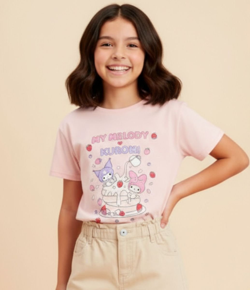 Camiseta Infantil com Estampa My Melody e Kuromi - Tam 5 a 14 Anos