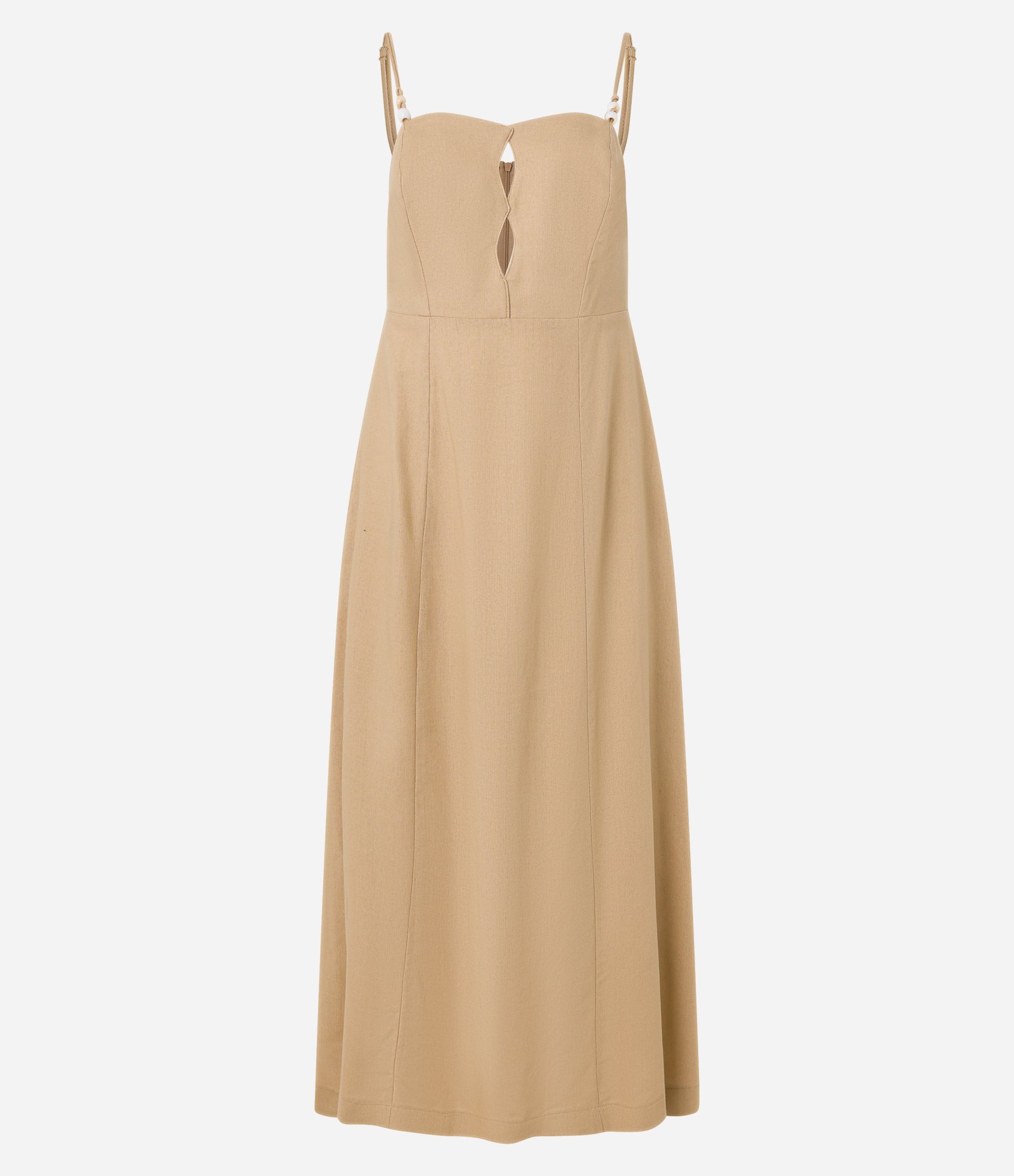 Vestido Long Midi em Viscolinho com Recorte no Decote Bege 1