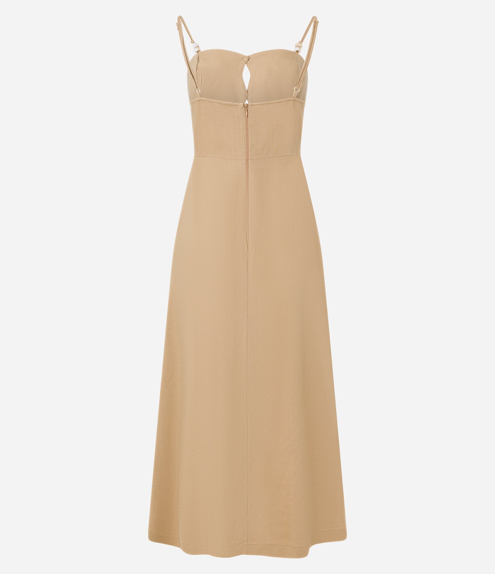 Vestido Long Midi em Viscolinho com Recorte no Decote Bege 2