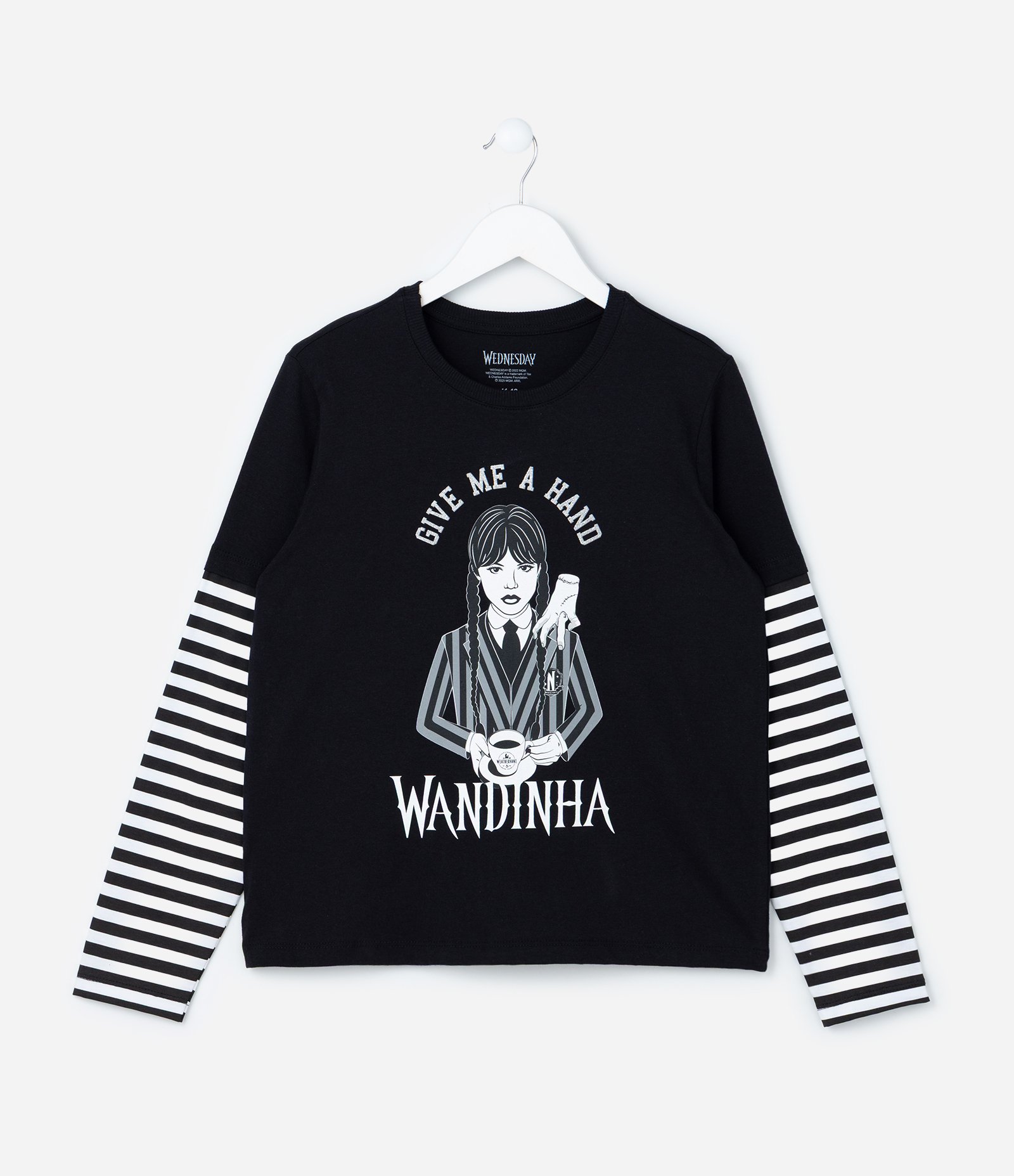 Camiseta Infantil com Estampa Wandinha e Listras - Tam 5 a 14 Anos Preto 1