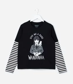 Camiseta Infantil com Estampa Wandinha e Listras - Tam 5 a 14 Anos
