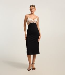 Vestido Midi em Ponto Roma com Busto Contrastante