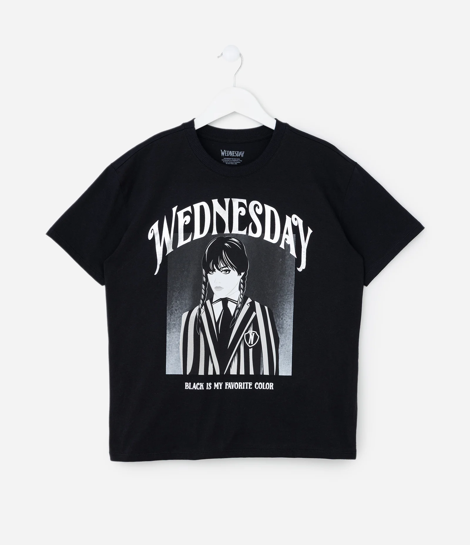 Camiseta Infantil com Estampa Wandinha e Lettering em Foil - Tam 5 a 14 Anos Preto 2