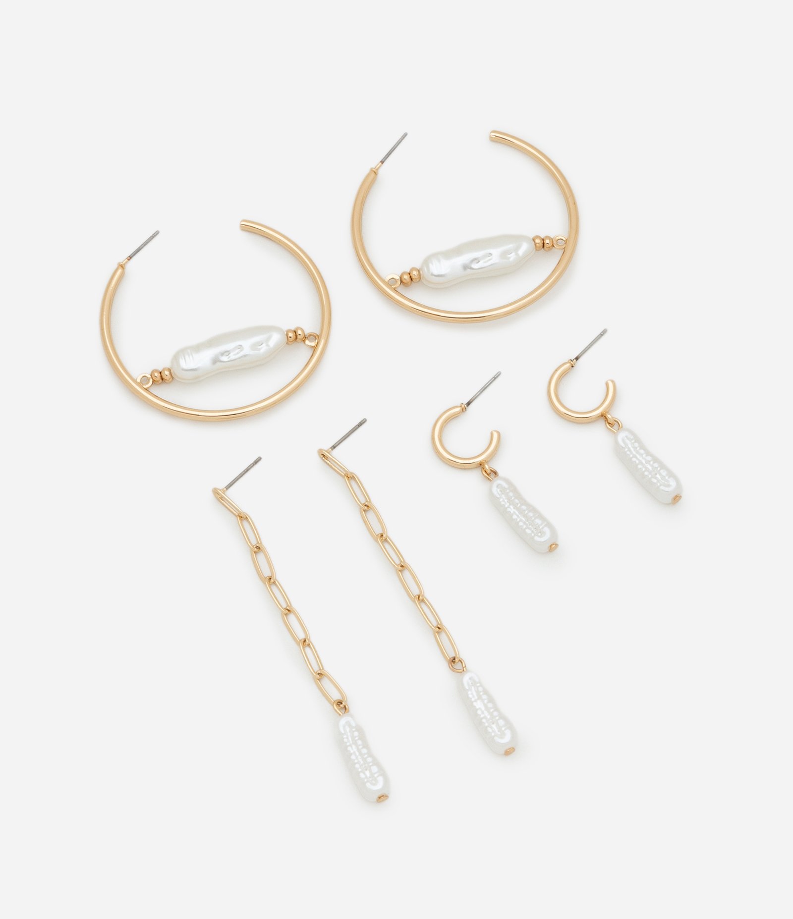 Kit 03 Brincos Argolas e Fio com Pingentes Pérola Orgânica Dourado 1