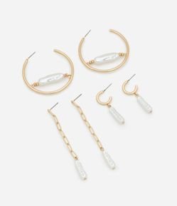 Kit 03 Brincos Argolas e Fio com Pingentes Pérola Orgânica